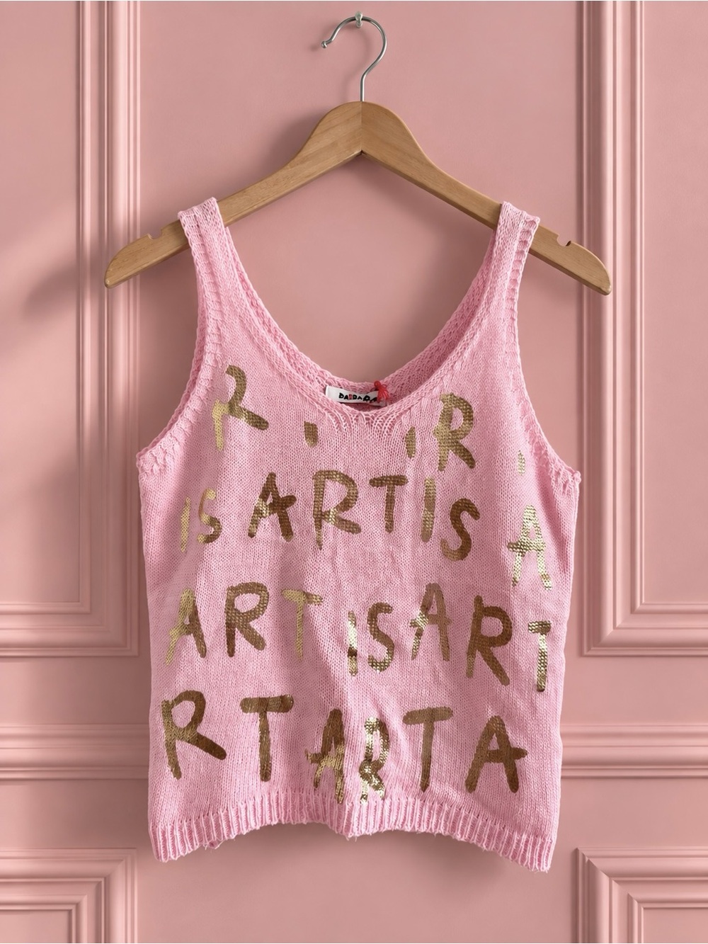 Y2K Pink Knit Tank Top with Gold Text